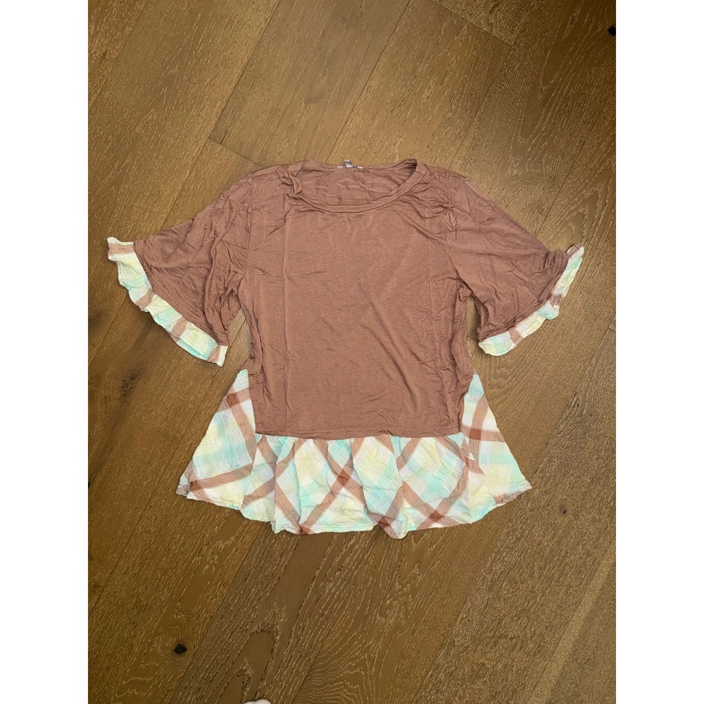 Jodifl Womens Mauve Plaid Mixed Media Peplum Top Bell Sleeve Small